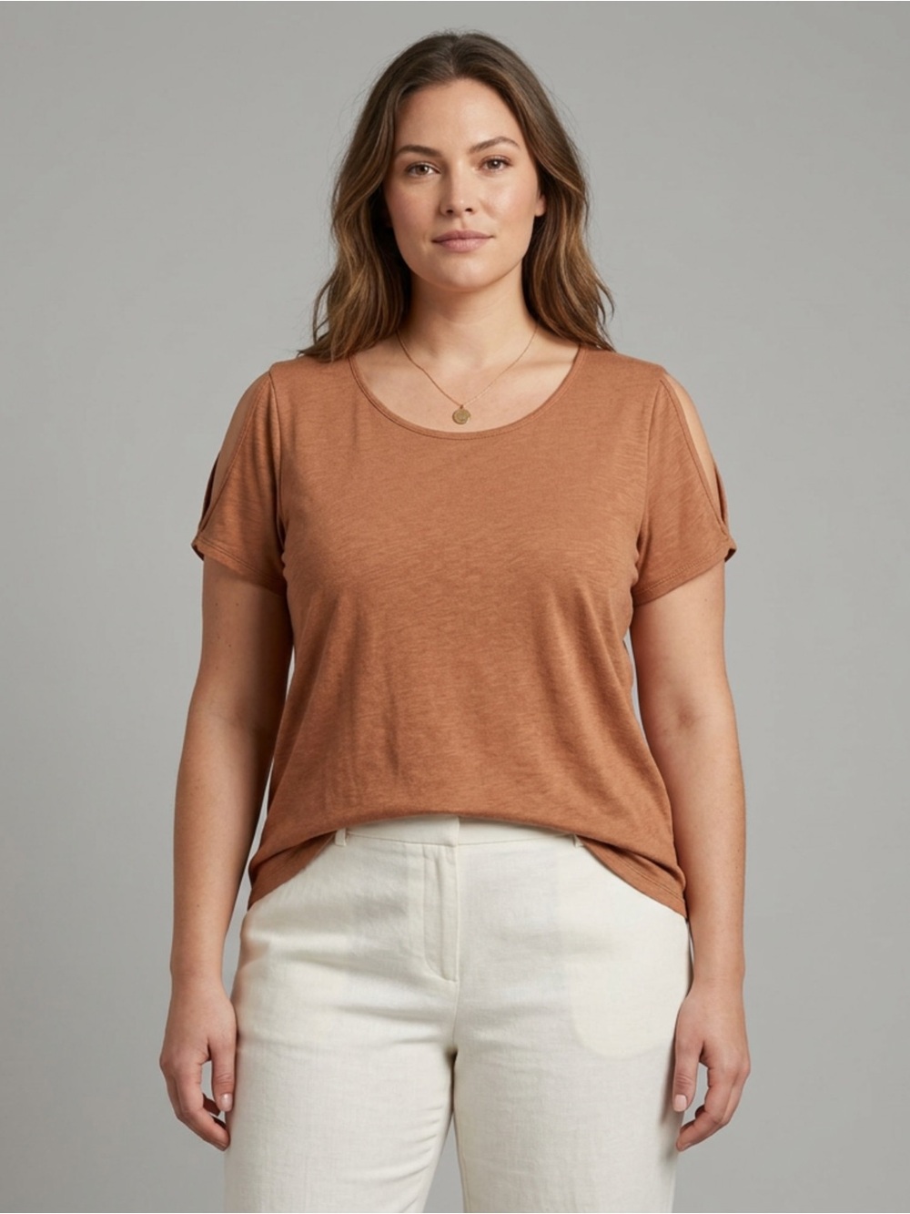 J. Jill Cutout Short Sleeve Tee Rust Brown Linen Cottage Layering Minimalist